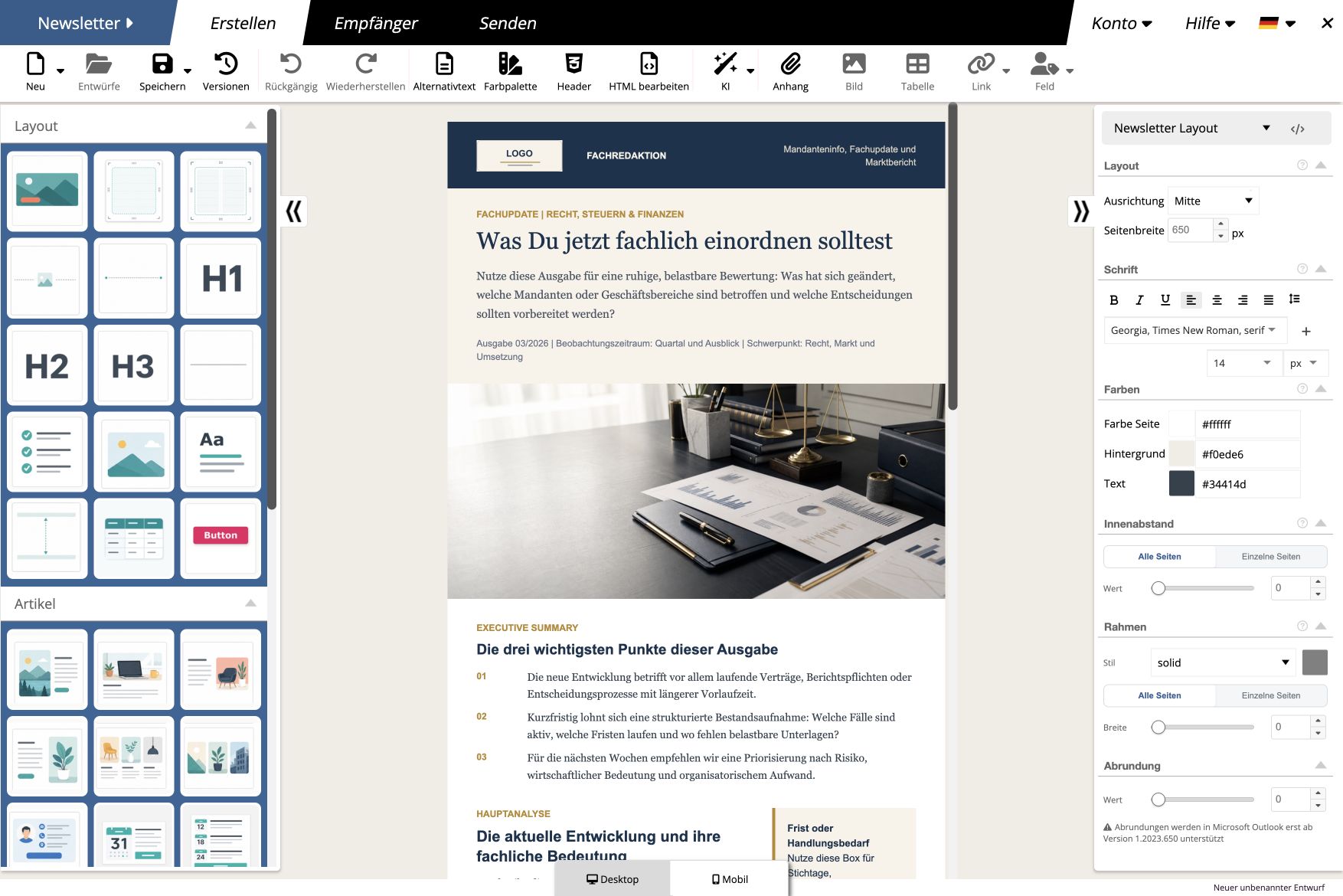 Vollständige Arbeitsansicht des visuellen mailfino Newsletter-Editors