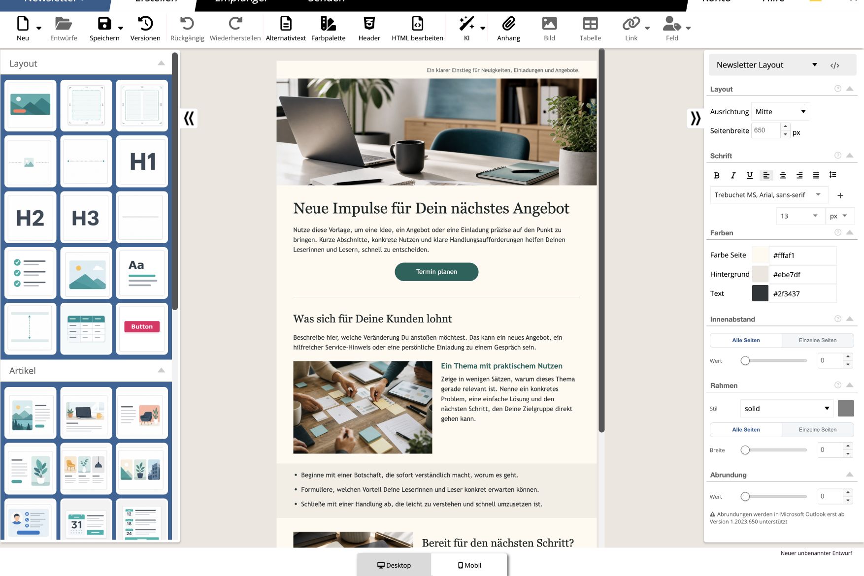 Vollständiger mailfino Newsletter-Editor mit geöffneter Newsletter-Vorlage