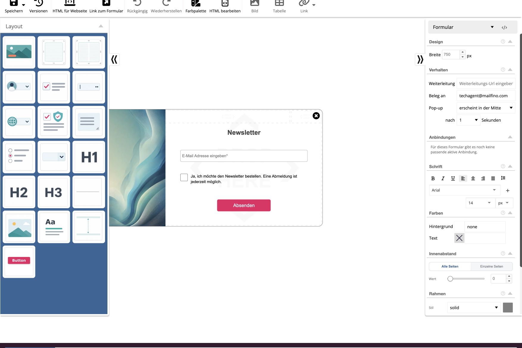 mailfino Formular-Editor mit Newsletter-Anmeldung und Einwilligungsfeld