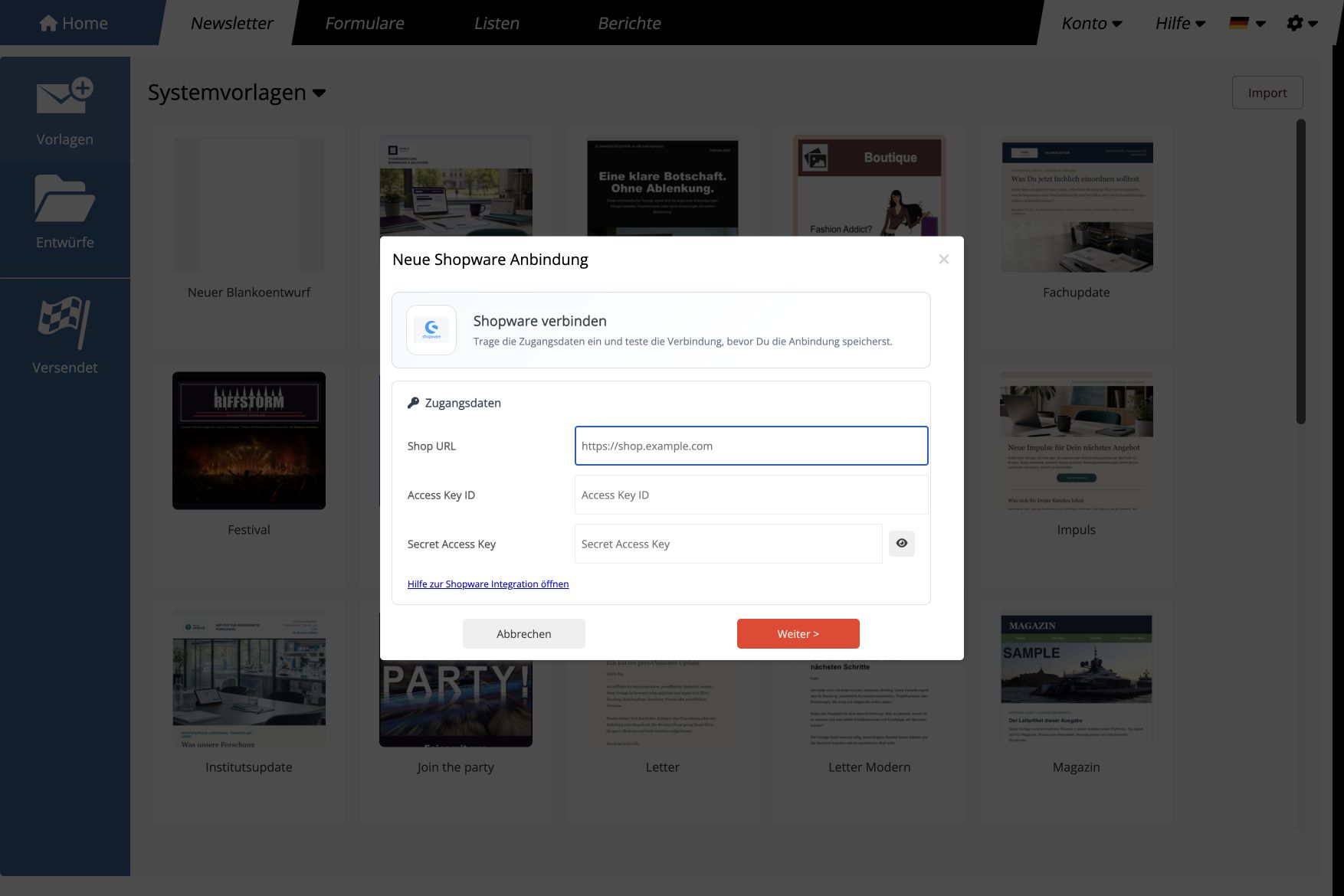 Shopware-Anbindung in mailfino mit Shop-URL und API-Zugang