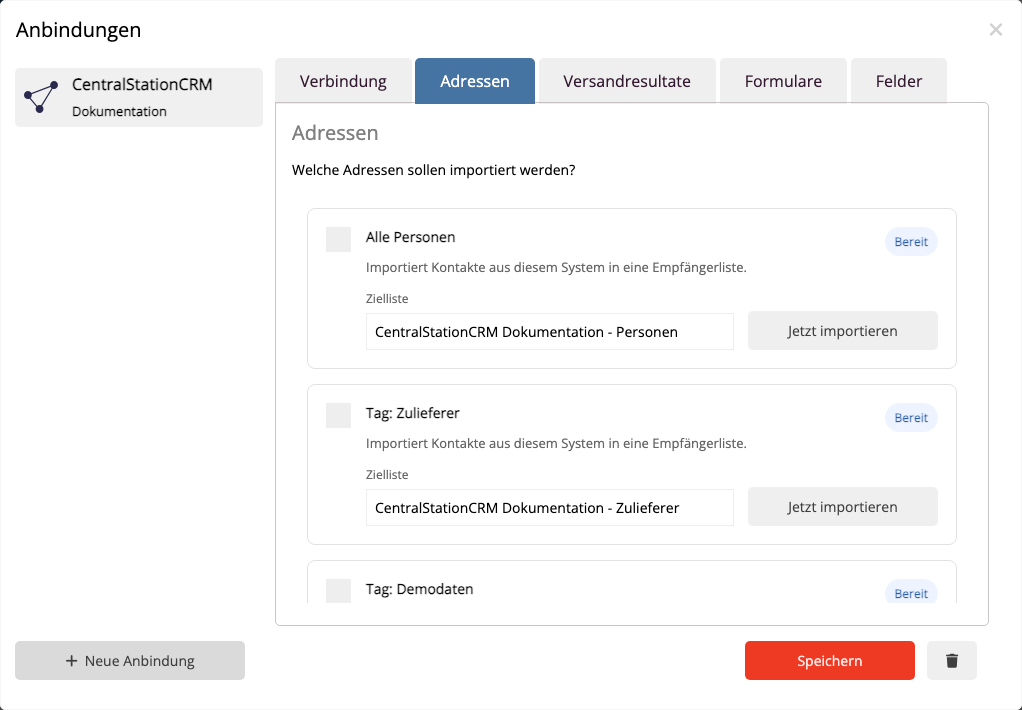 Personen und Tags aus CentralStationCRM als Importquellen in mailfino auswählen