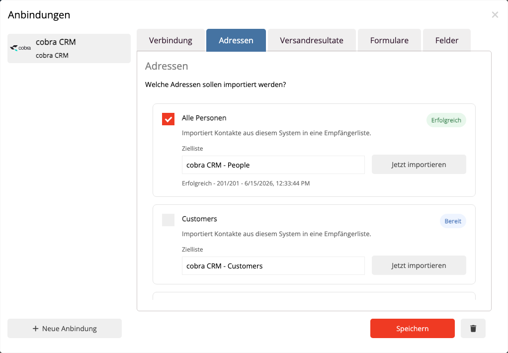 Auswahl von cobra-Kontakten und Listen für den Import in mailfino