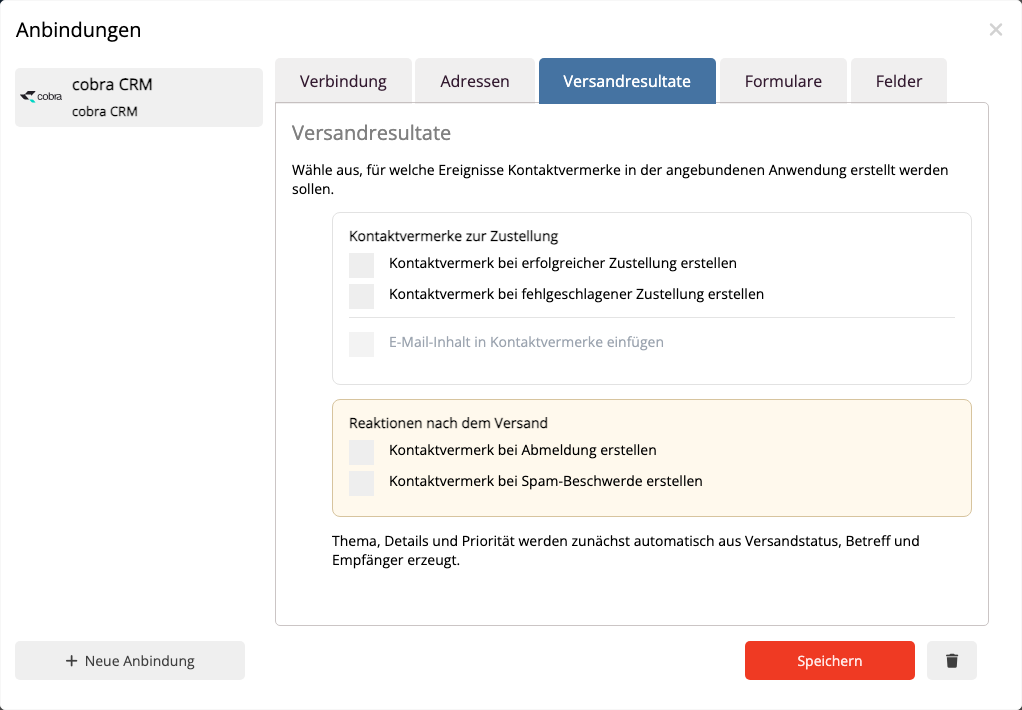 Auswahl der Versandereignisse, die als Touchpoints in cobra CRM erscheinen