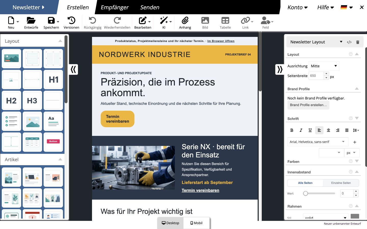 Vollständiger mailfino Newsletter-Editor mit der blau-gelben B2B-Vorlage Nordwerk Industrie