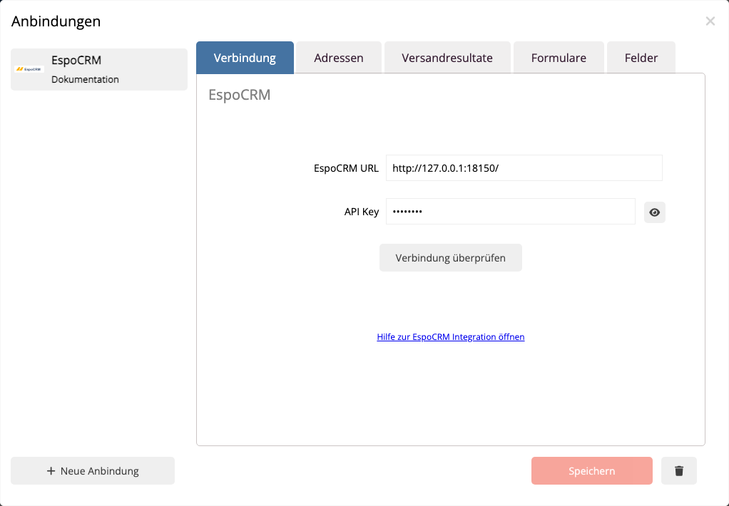 Erfolgreich geprüfte EspoCRM-Verbindung im mailfino-Anbindungsmanager