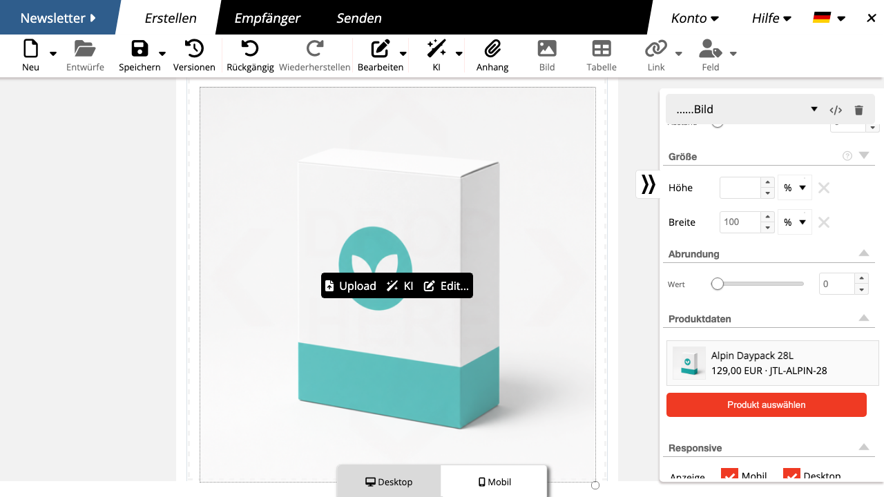 JTL-Shop-Produktkarte im mailfino Newsletter-Editor