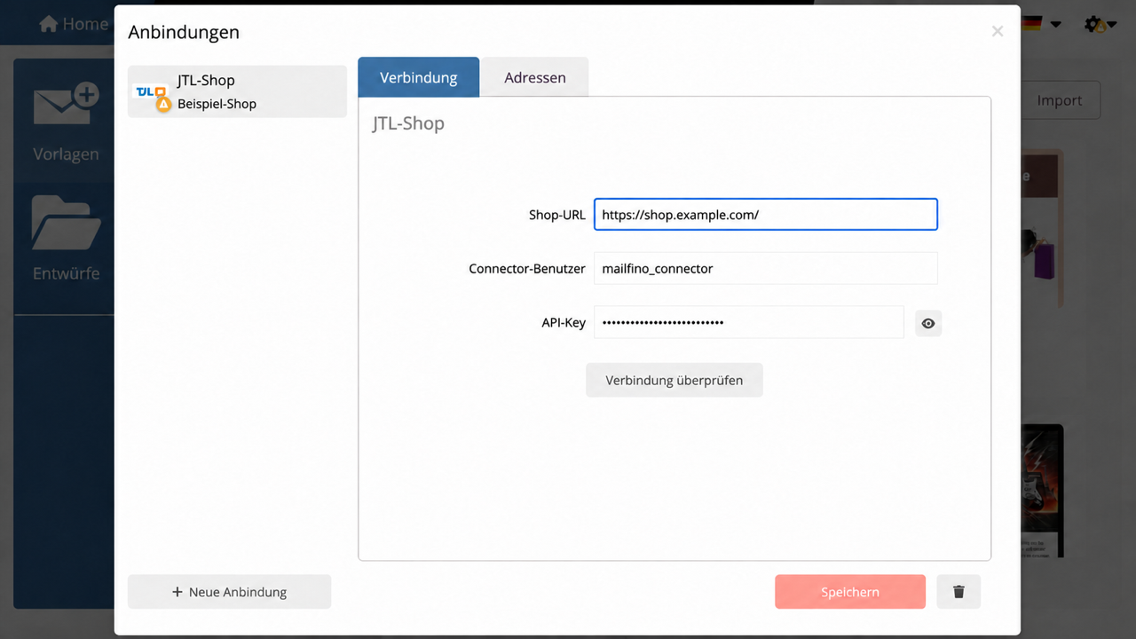 JTL-Shop-Anbindung in mailfino mit Shop-URL, Connector-Benutzer und API-Key