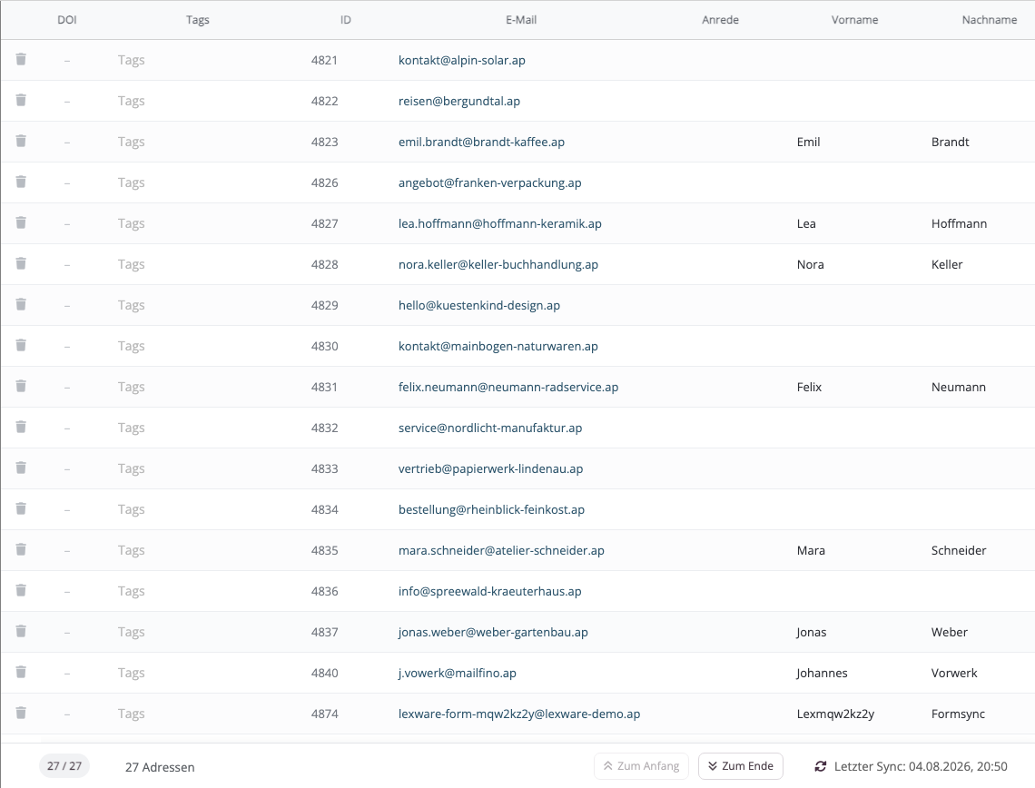 Aus Lexware Office importierte Kontakte in einer mailfino-Adressliste