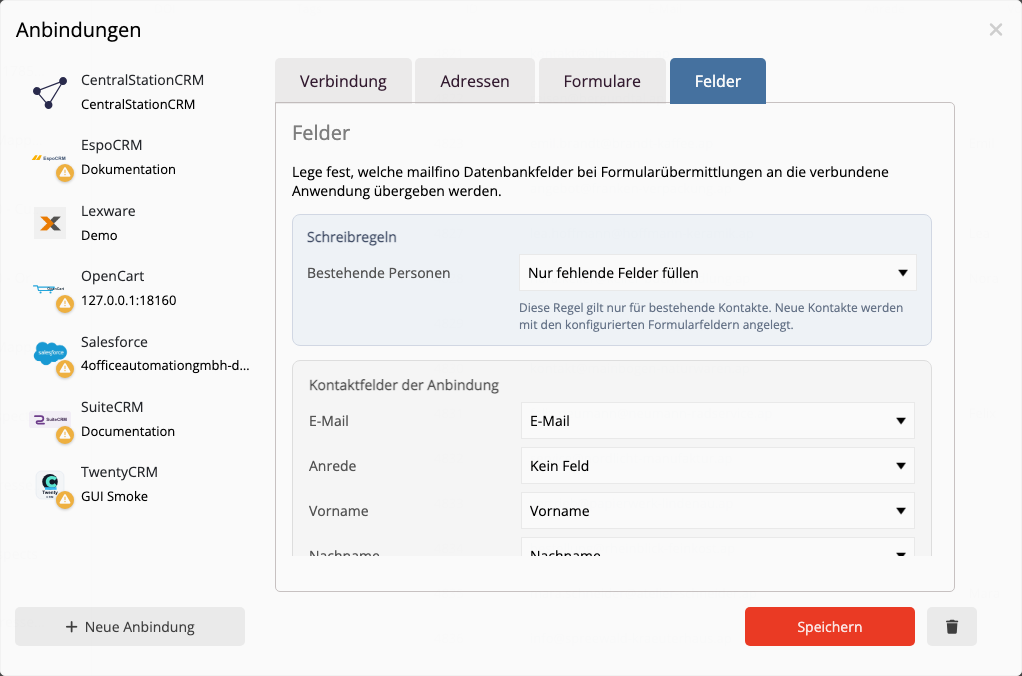 Feldzuordnung zwischen einem mailfino-Formular und Lexware Office