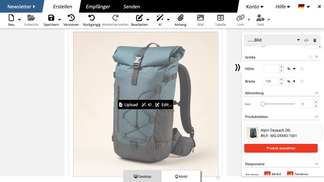 Commerce-Produktkarte im mailfino Newsletter-Editor