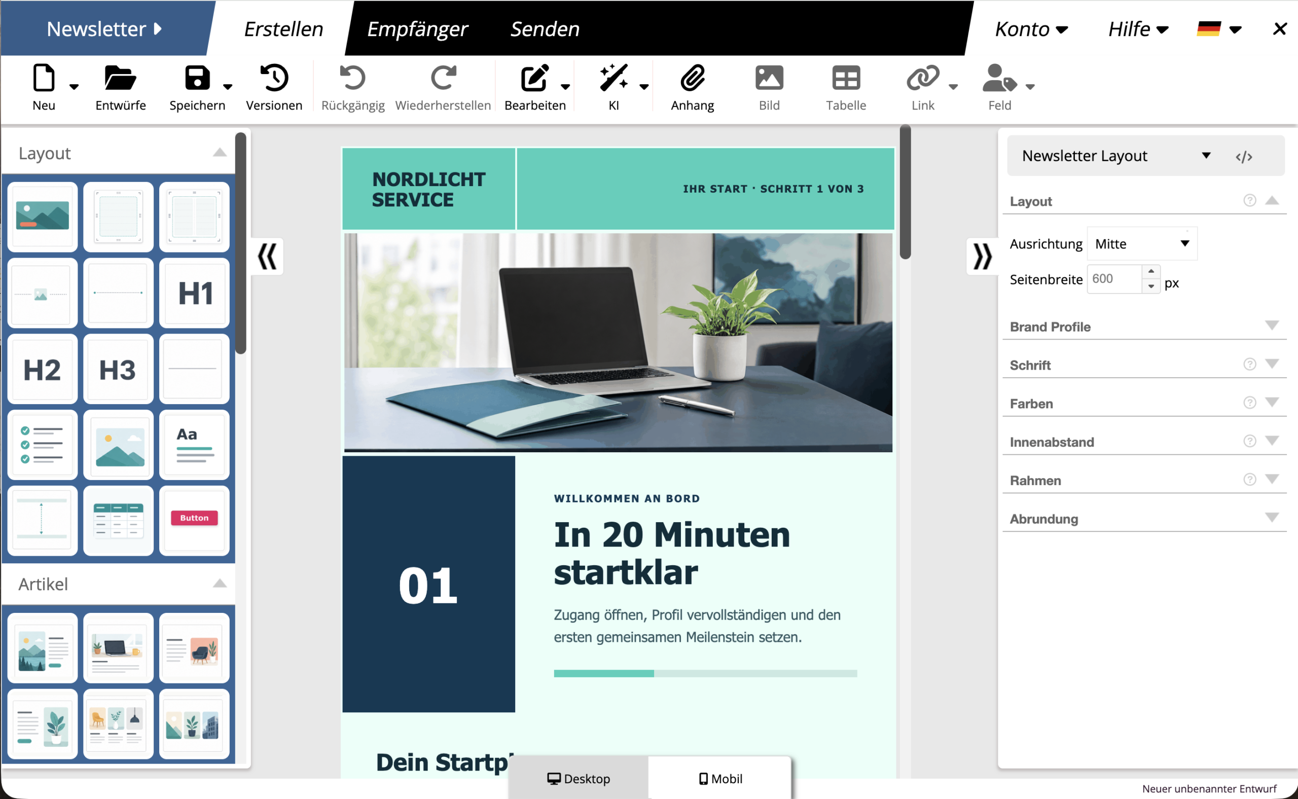 Visueller mailfino Newsletter-Editor mit Desktop- und Mobilgestaltung