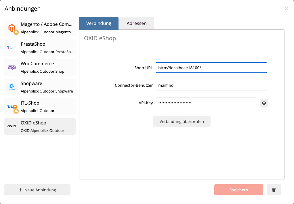 Read-only-Verbindung eines OXID eShops im mailfino Anbindungsmanager