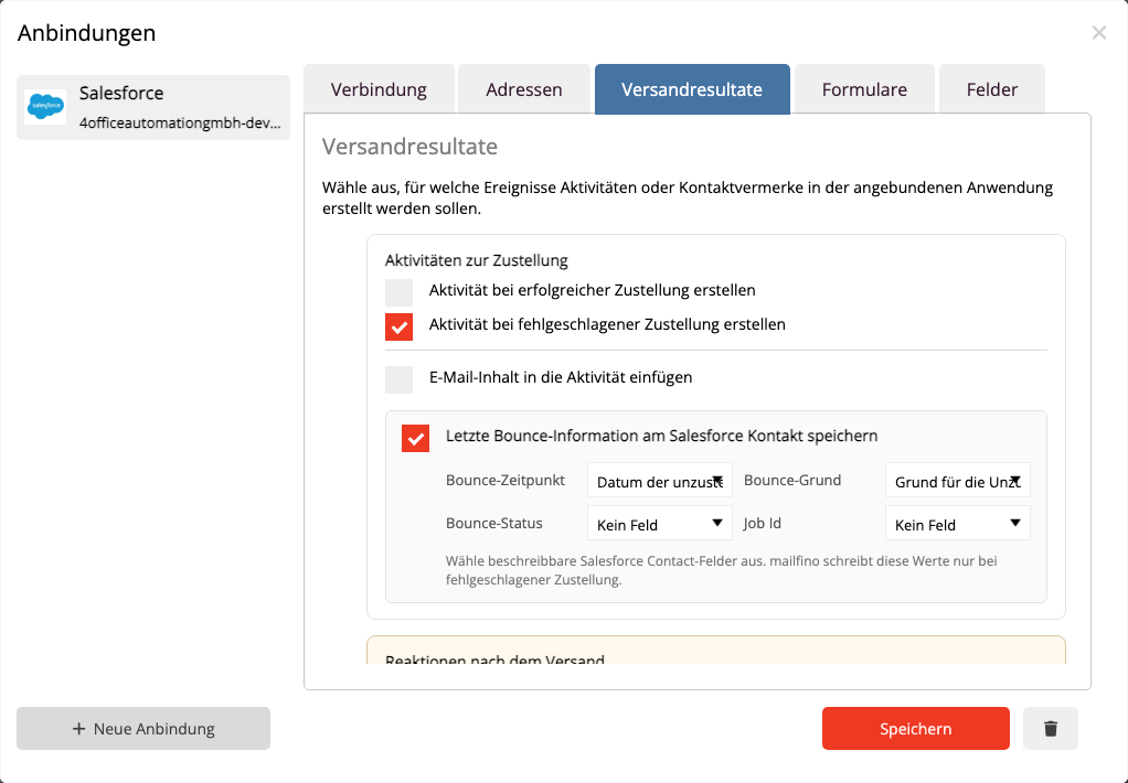 Auswahl der mailfino Versandereignisse für Salesforce Tasks