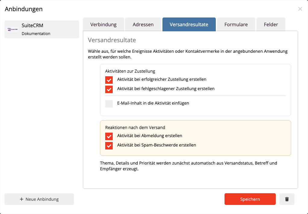 Versandereignisse für SuiteCRM Notes in mailfino auswählen