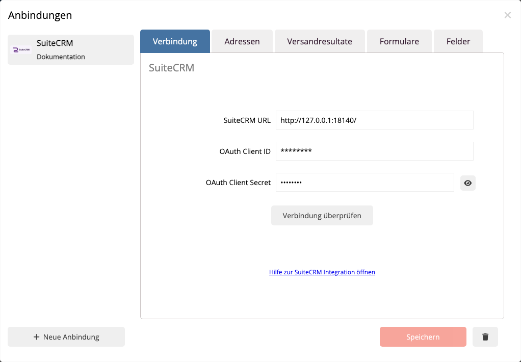 Erfolgreich geprüfte SuiteCRM-Verbindung im mailfino-Anbindungsmanager