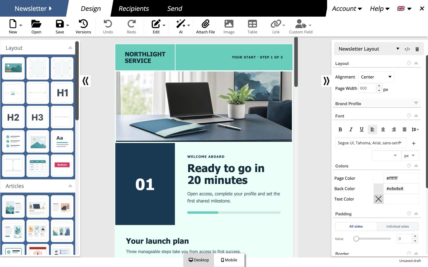 Visual mailfino newsletter editor with desktop and mobile design options.