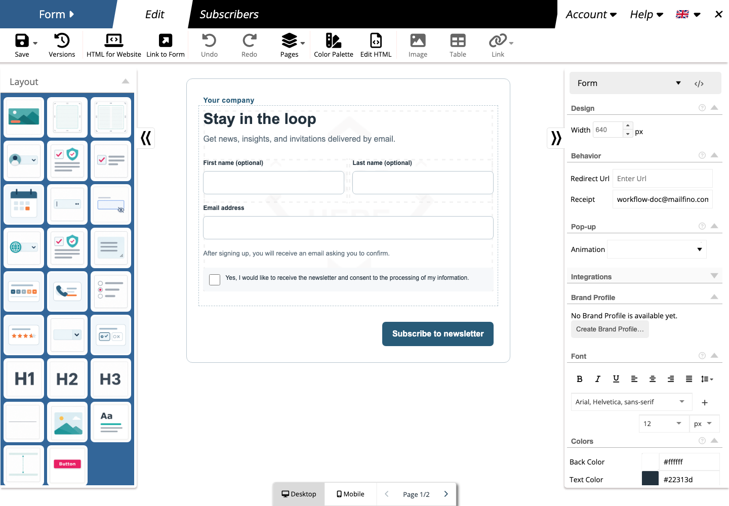 Form in the visual mailfino editor, showing the element palette, canvas and properties.
