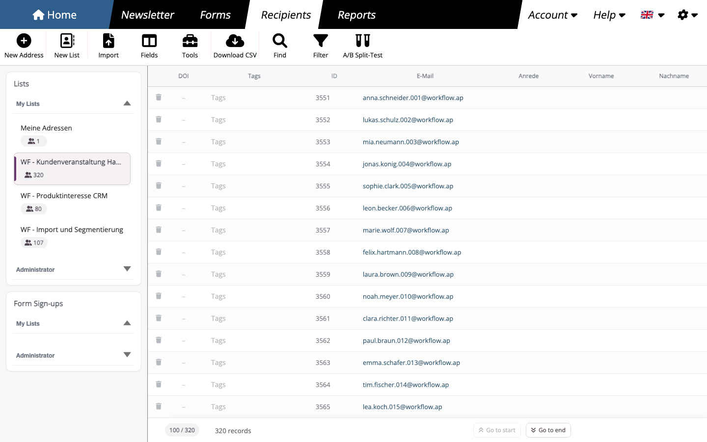 Mailing list overview in mailfino with a toolbar, multiple lists and synthetic contact data.