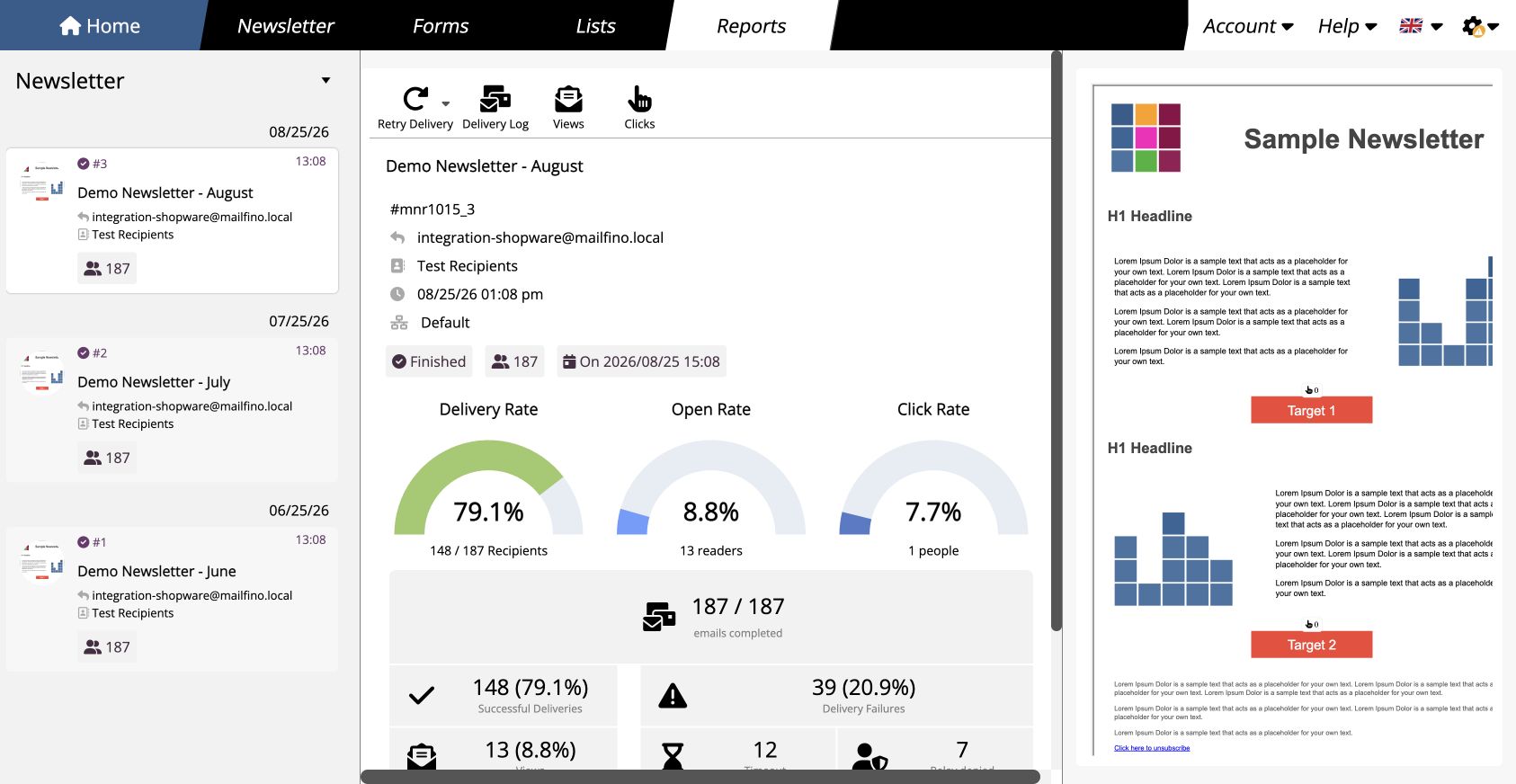 Complete mailfino sending report with navigation and metrics for 349 synthetic recipients.