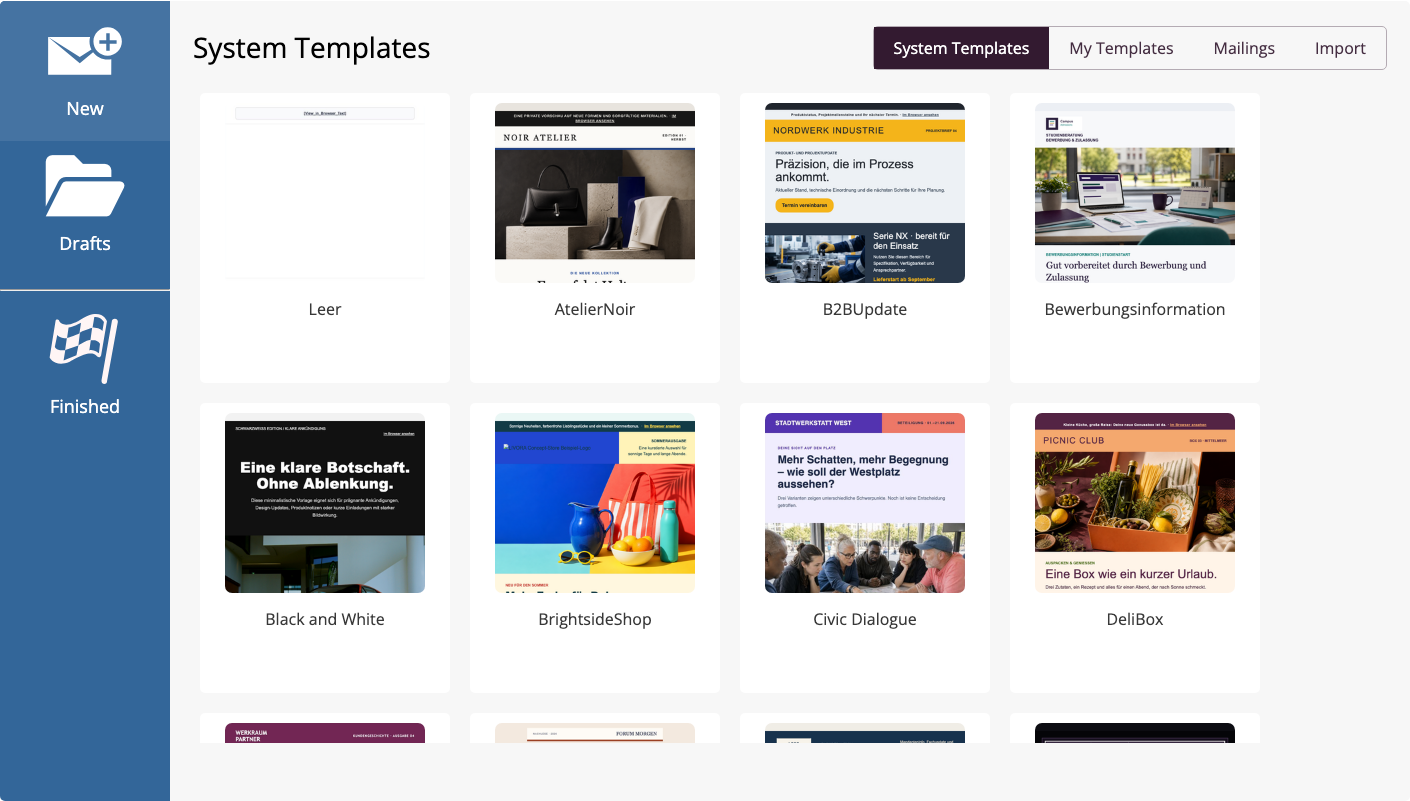 Template selection with system, team and personal templates, as well as previous campaigns.