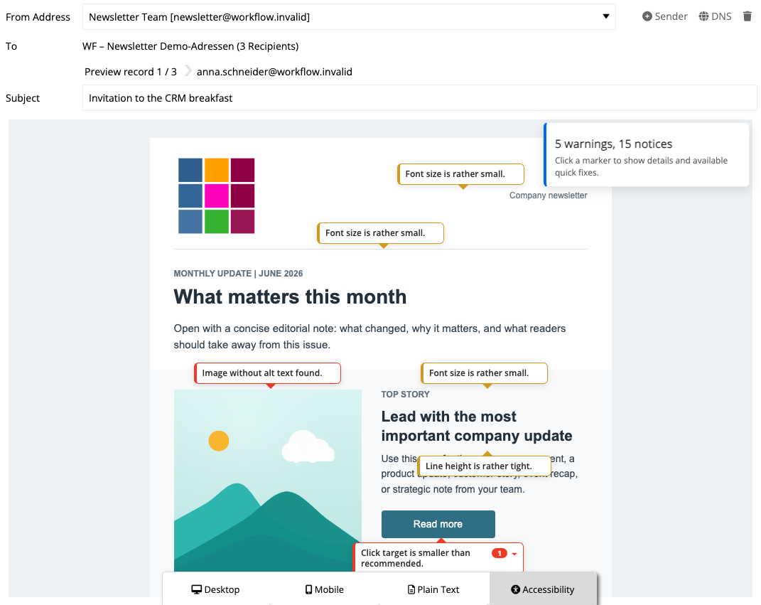 mailfino quality check highlighting guidance on alternative text, font size, line spacing and clickable areas.