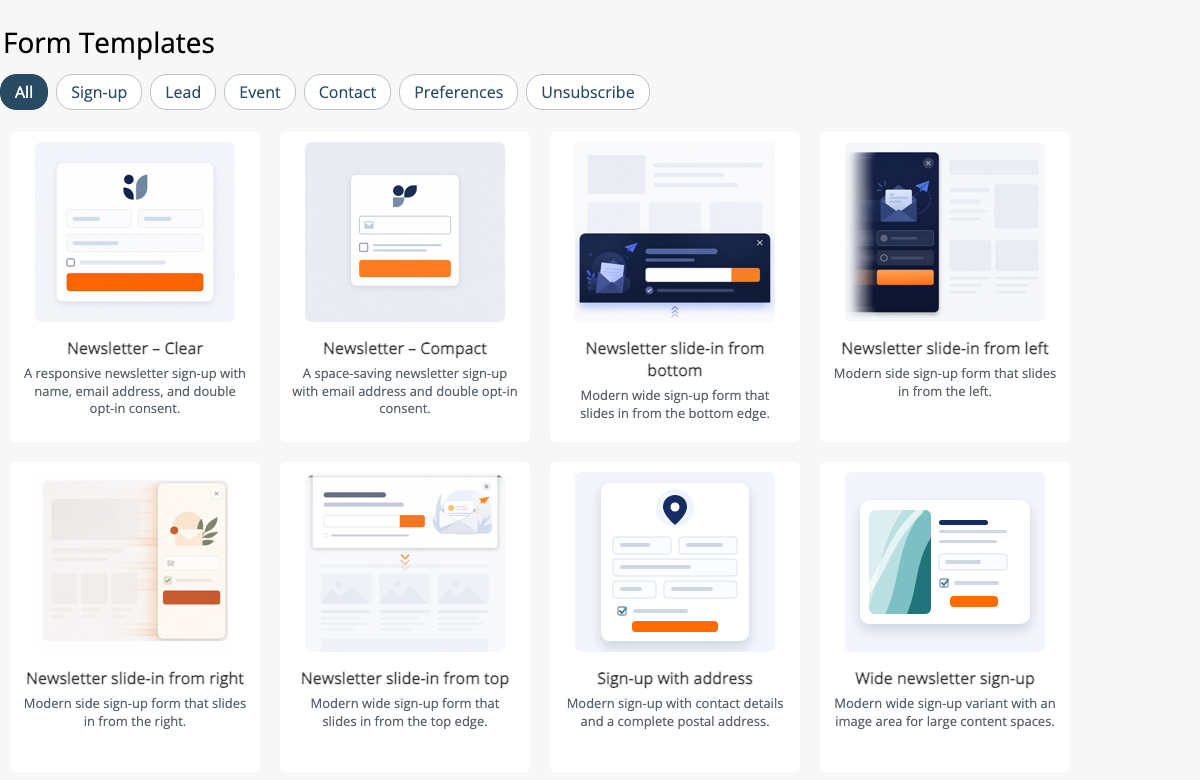 Template overview for sign-ups, leads, events, contacts and preferences