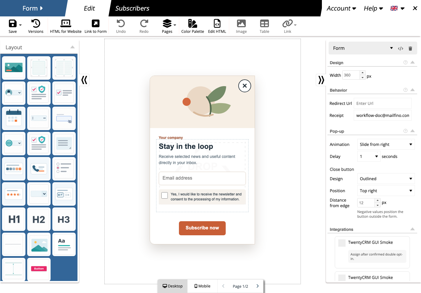 Pop-up and slide-in settings in the mailfino form editor