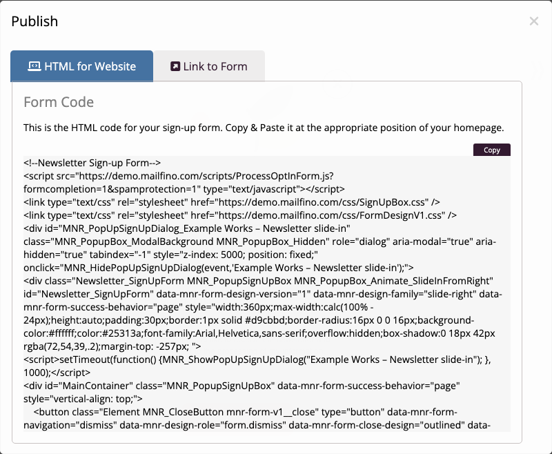 Dialog for embedding a mailfino form in a website
