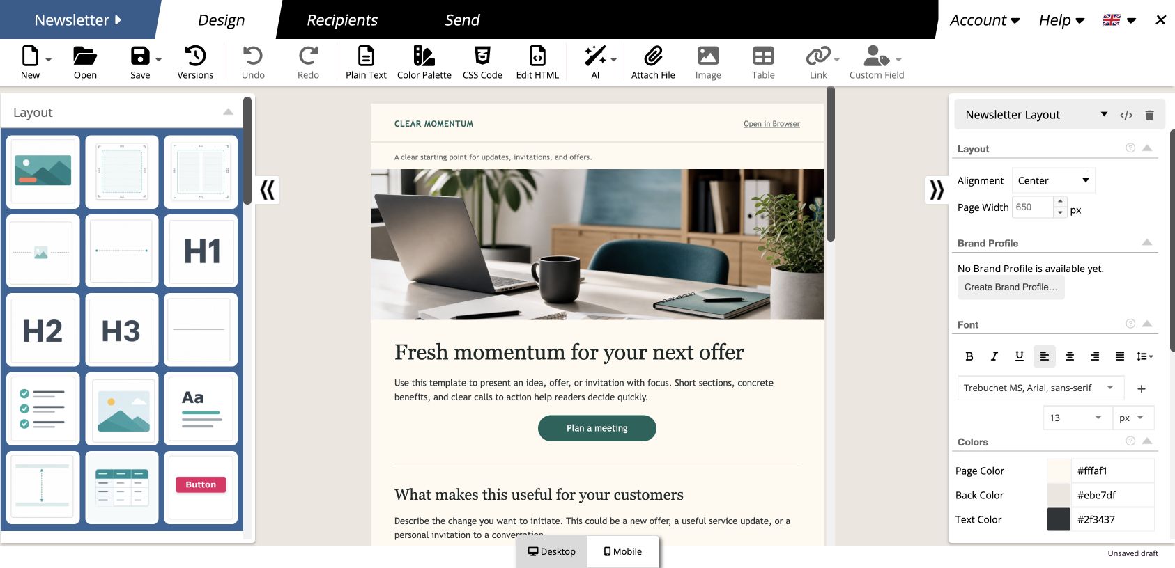 Complete mailfino newsletter editor with an open newsletter template.