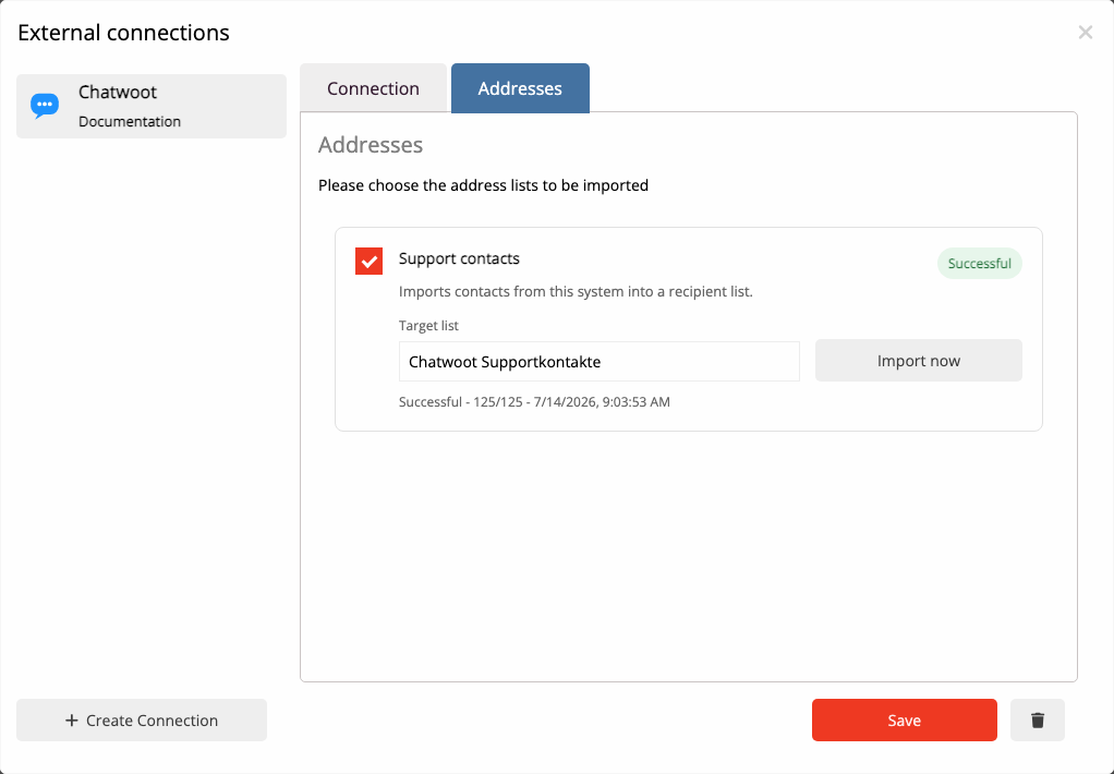 Successful import of Chatwoot contacts into mailfino.