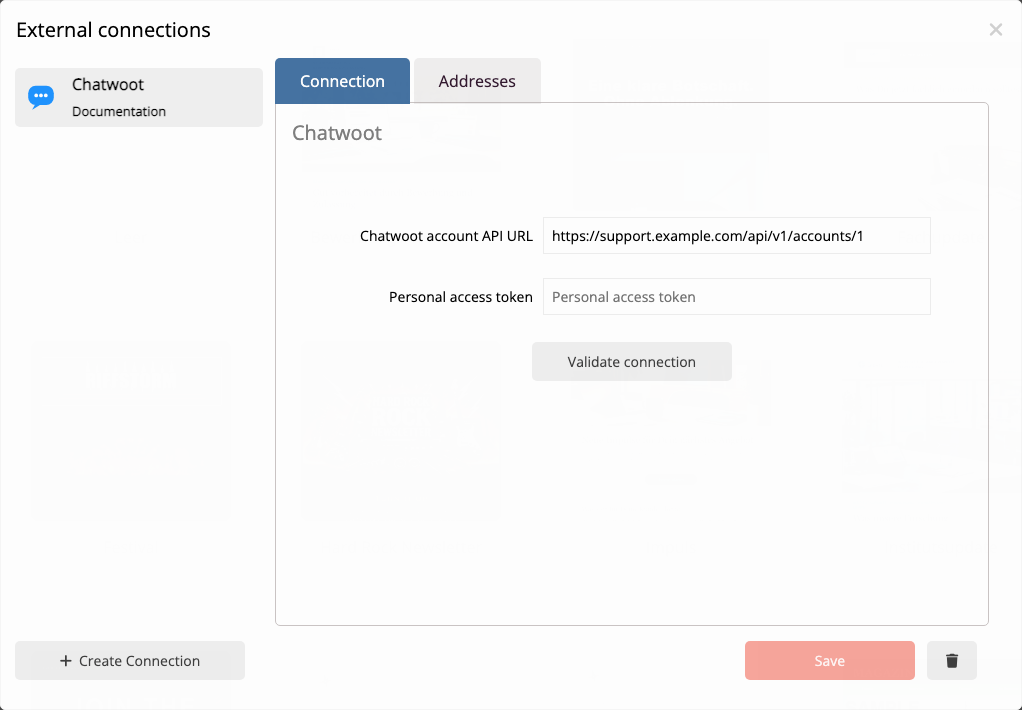 Chatwoot connection in the mailfino integration manager.