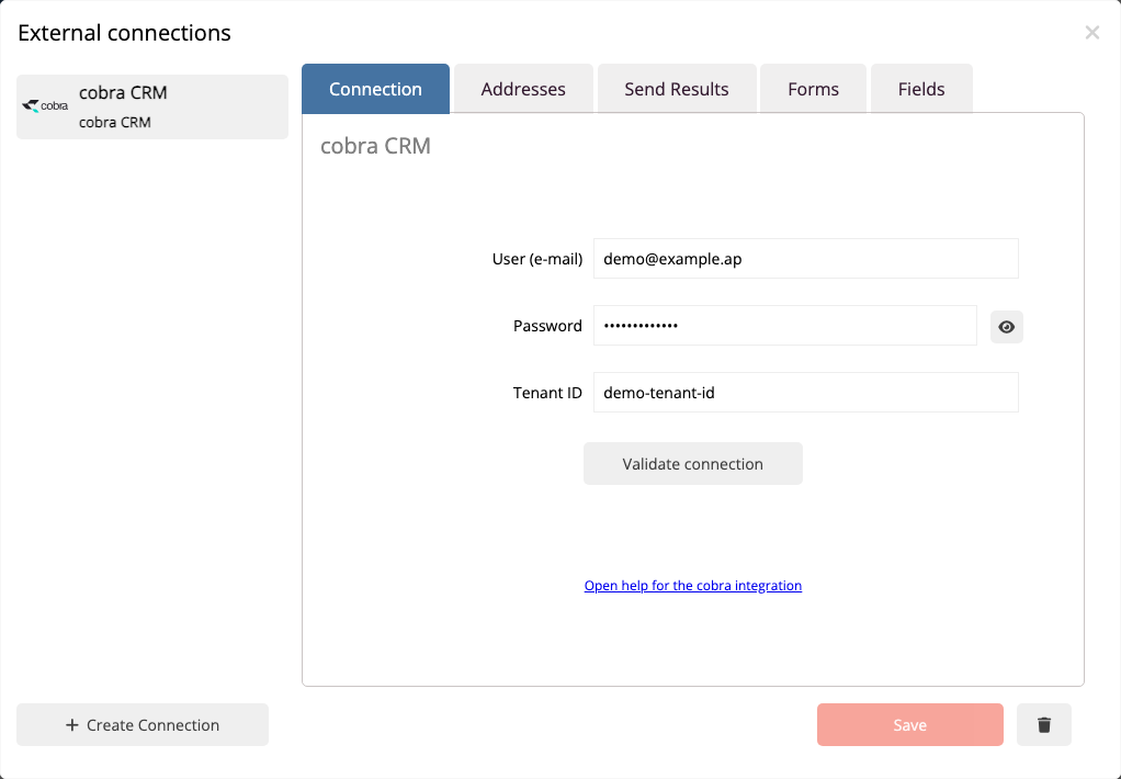 Saved cobra CRM connection in the mailfino integration manager.