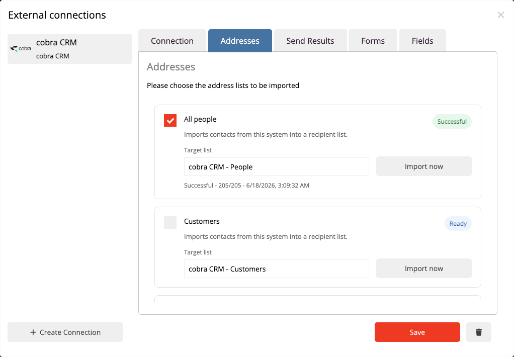 Select cobra contacts and lists for import into mailfino.