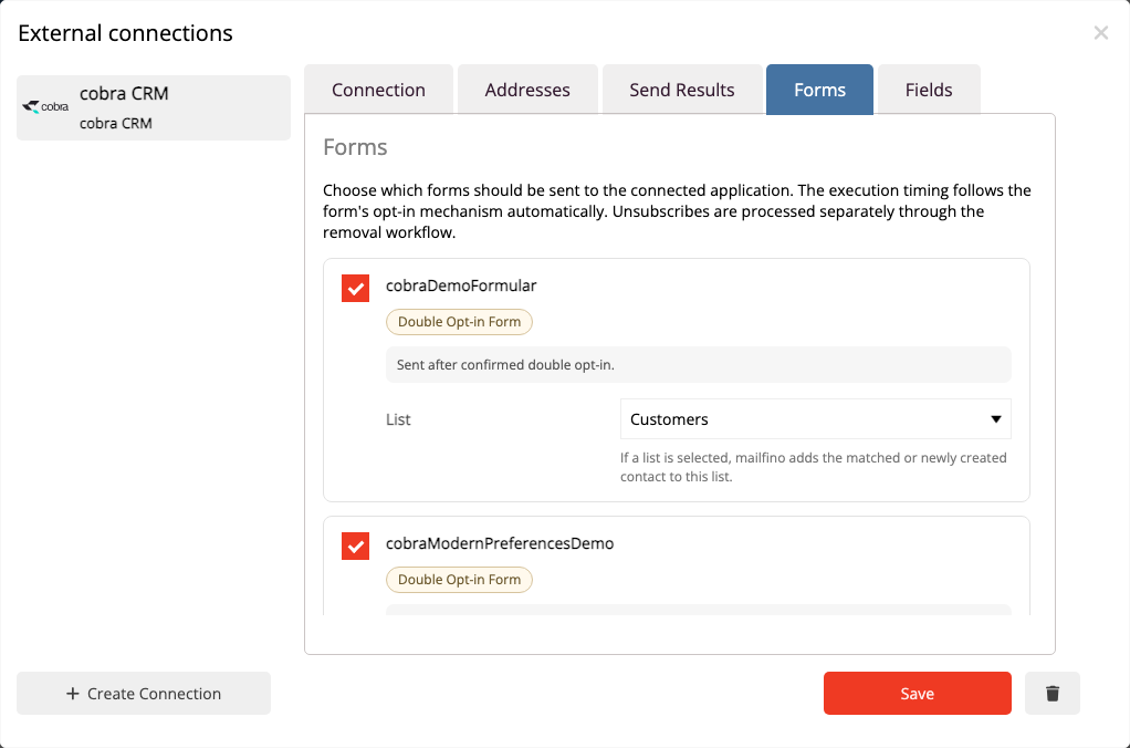 Form mapping for cobra CRM in the mailfino integration manager.
