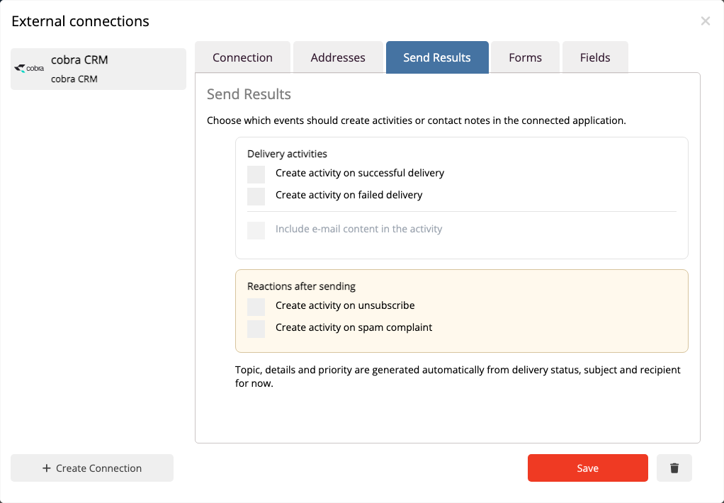 Select sending events to appear as touchpoints in cobra CRM.