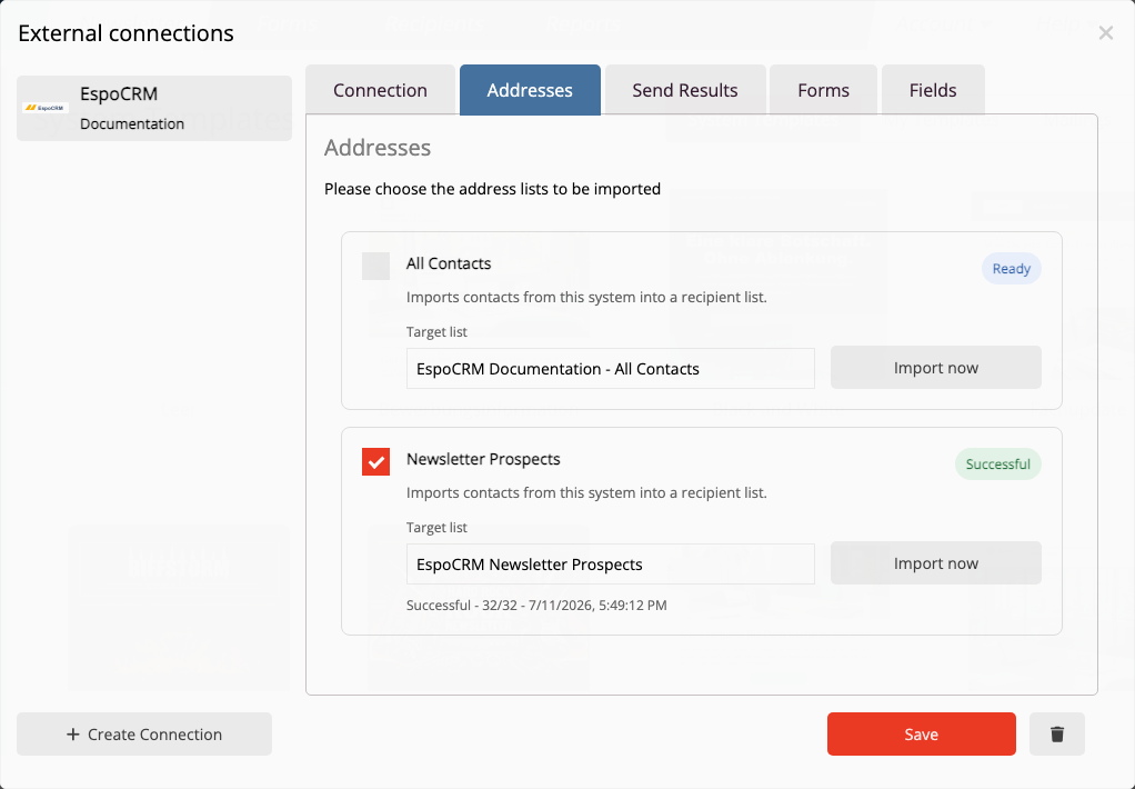 All EspoCRM contacts and individual Target Lists as import sources in mailfino.
