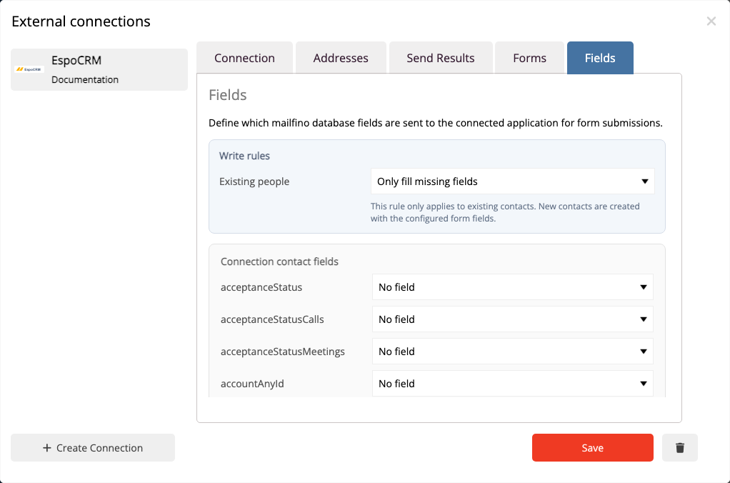 Map mailfino form fields to writable EspoCRM contact fields.