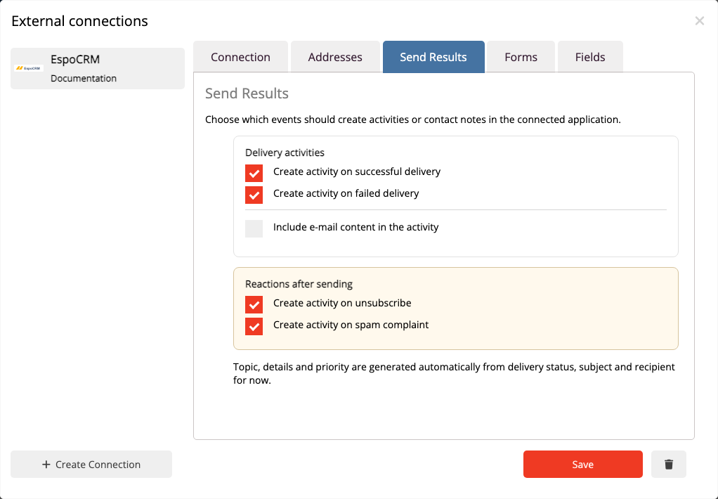 Select sending events for the Contact Stream in mailfino.