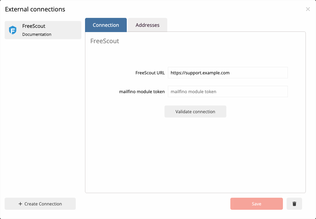 FreeScout connection with base address and masked connector token in the mailfino connection manager.