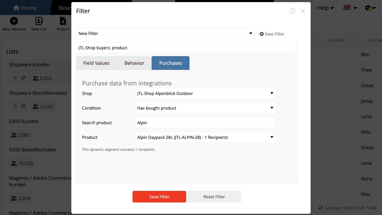 Select buyers of a JTL-Shop product as a dynamic audience