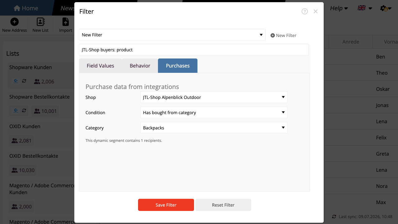 Select buyers from a JTL-Shop product category as a dynamic audience