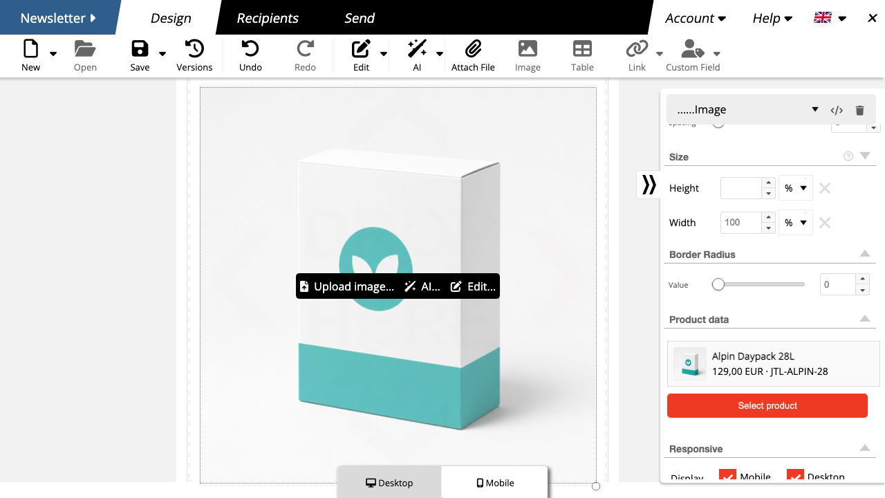 JTL-Shop product card in the mailfino newsletter editor