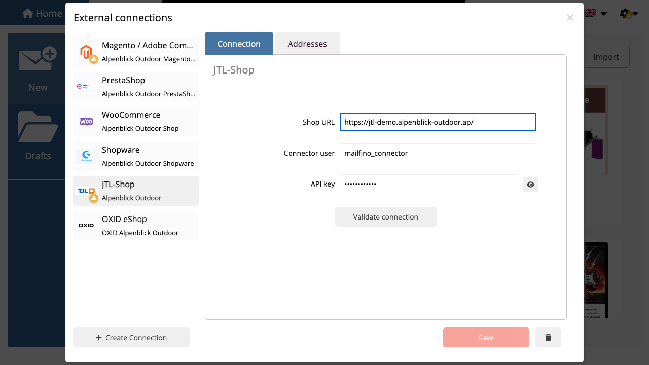 JTL-Shop connection in mailfino with shop URL, connector user and API key