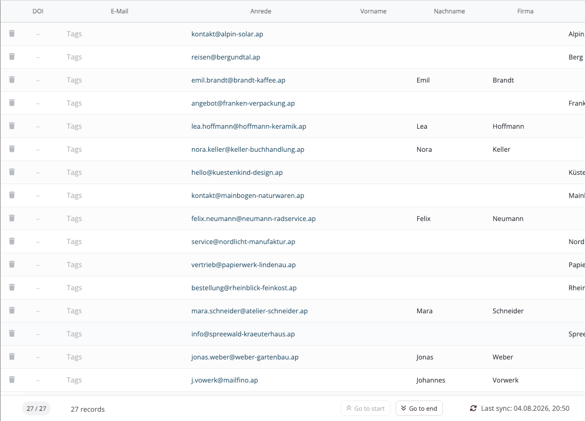 Contacts imported from Lexware Office into a mailfino contact list.