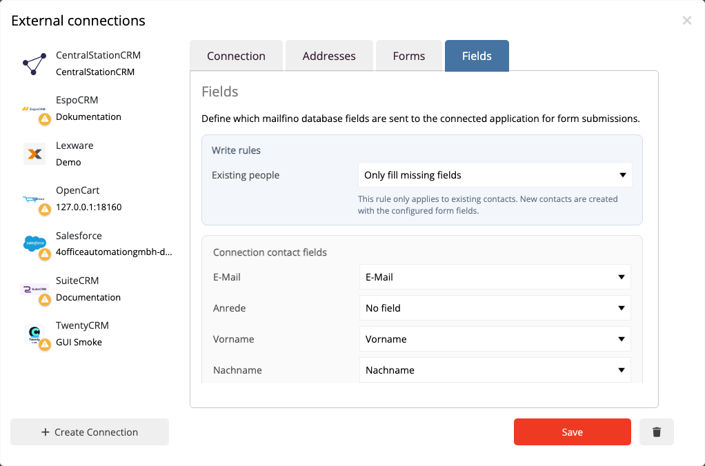 Field mapping between a mailfino form and Lexware Office.