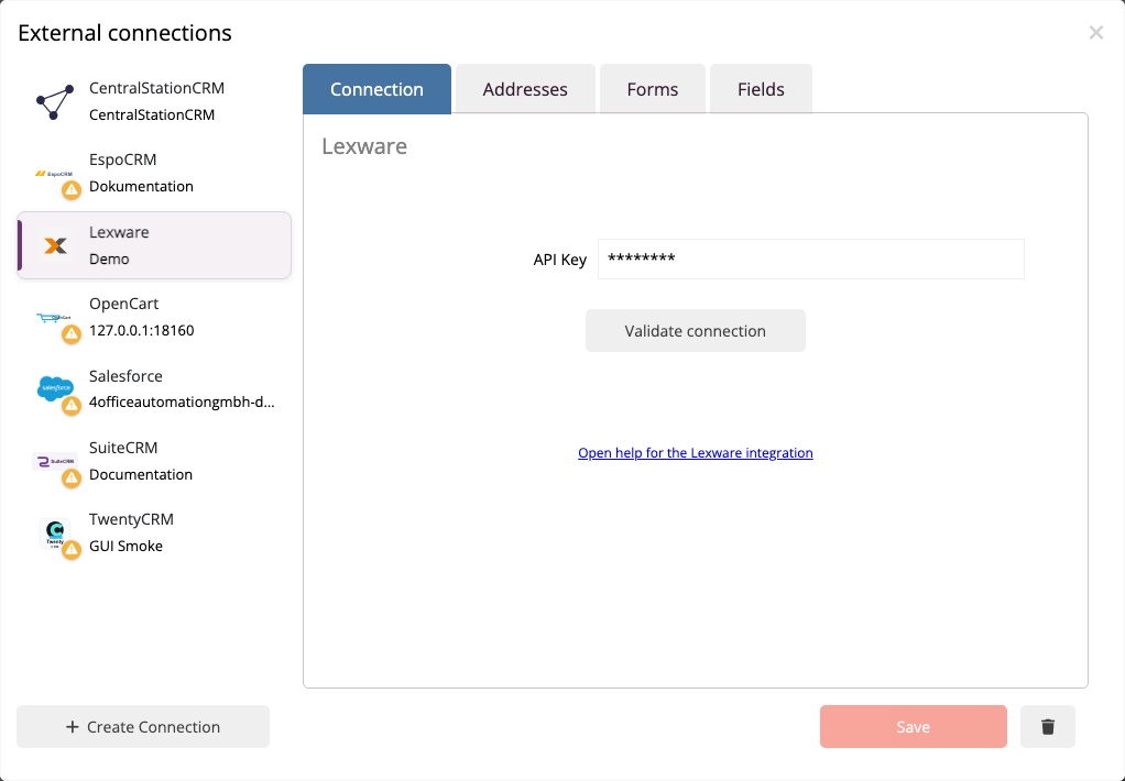 Saved Lexware Office connection in the mailfino connection manager.