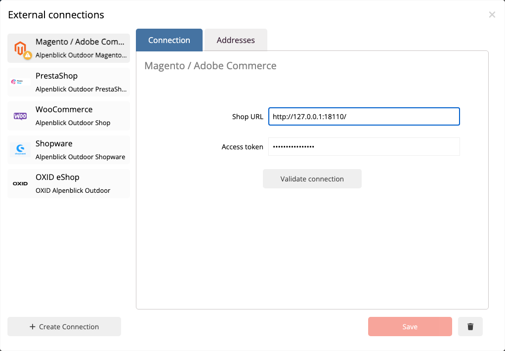 Verified Magento connection in the mailfino connection manager with neutral sample data