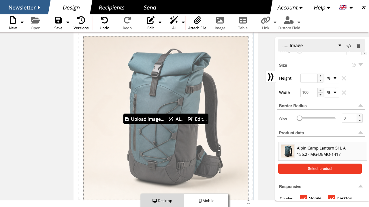Commerce product card in the mailfino newsletter editor