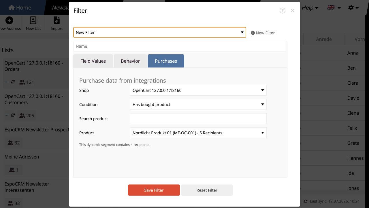 OpenCart purchase data used as a filter for a newsletter audience
