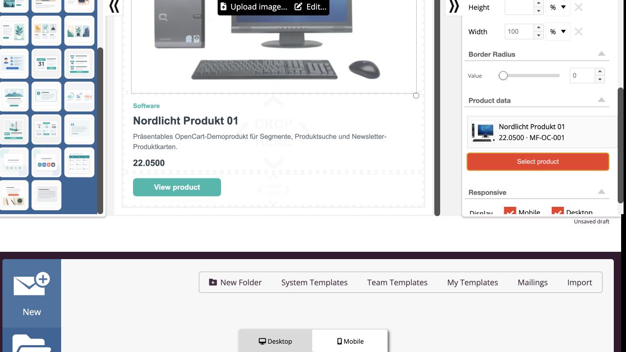 Completed OpenCart product card in the newsletter editor